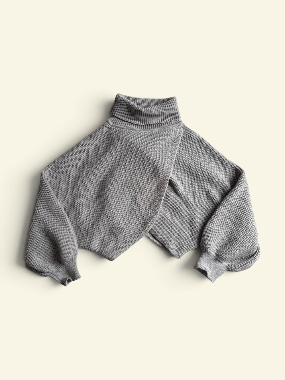 CIDER Grey Asymmetric Wrap Cropped Turtleneck Sweater Size S Knit Shrug Lantern - Picture 5 of 8
